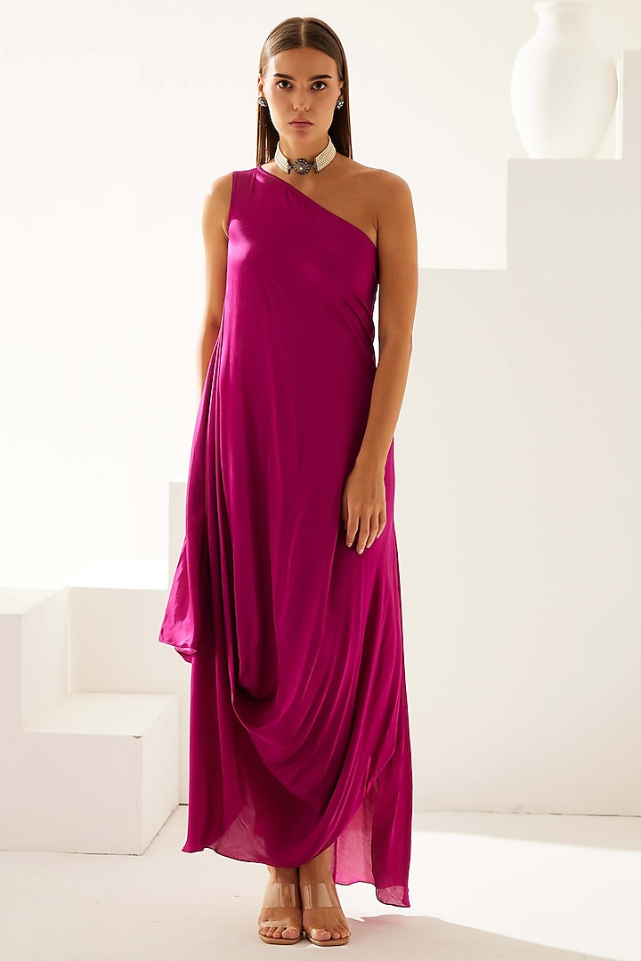 Wine Satin One-Shoulder Draped Maxi Dress by Wear JaJa at Pernia's Pop Up Shop