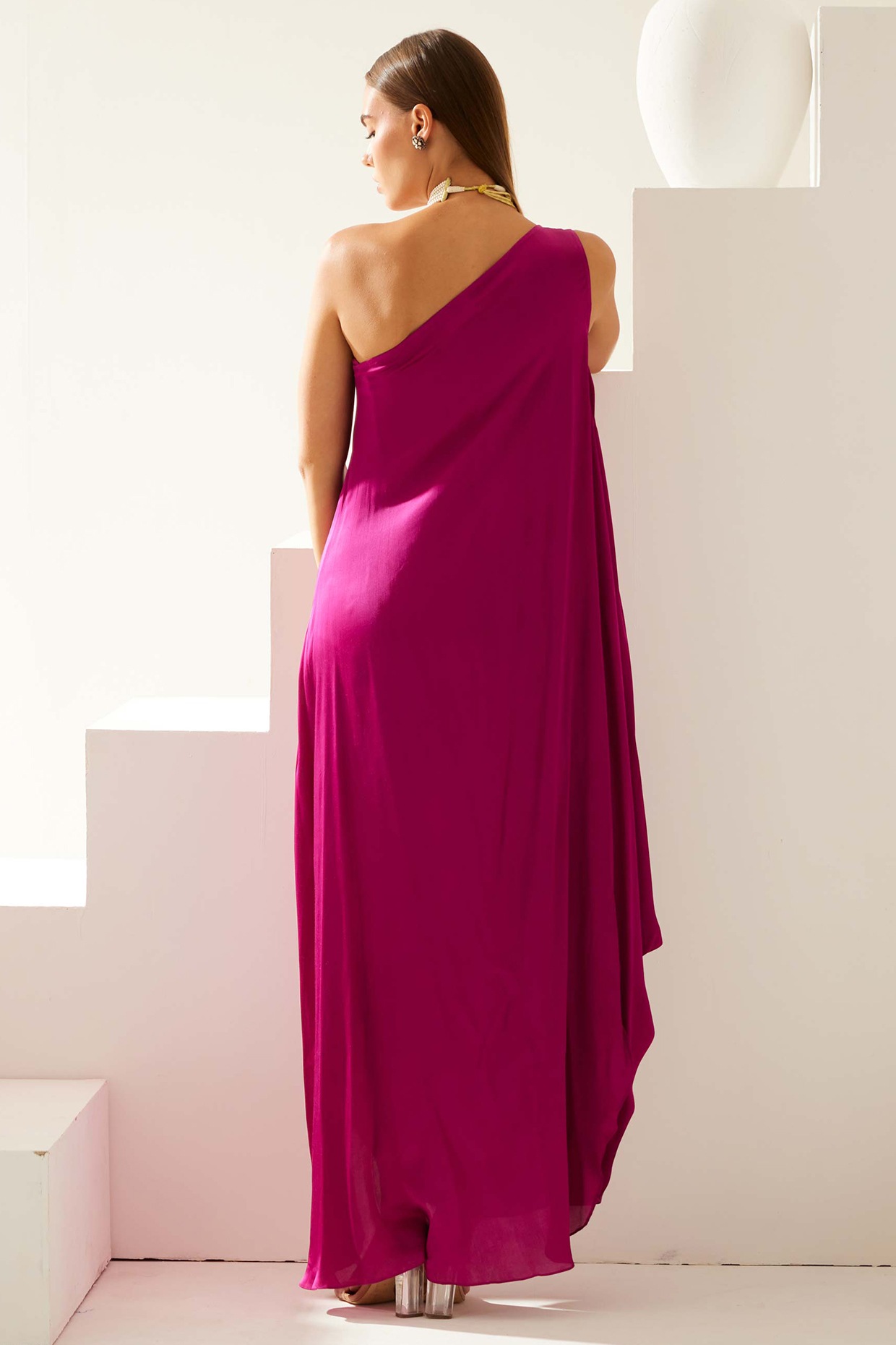 Wine Satin One-Shoulder Draped Maxi Dress by Wear JaJa at Pernia's