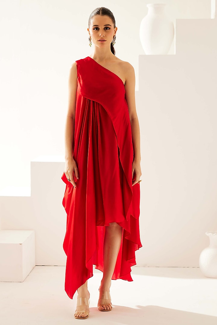 Red Modal One-Shoulder Asymmetrical Maxi Dress by Wear JaJa at Pernia's Pop Up Shop