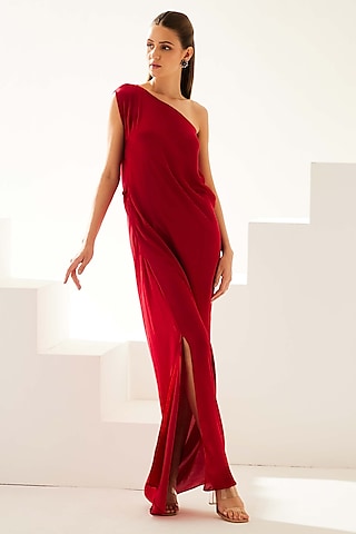 Maroon Satin One-Shoulder Maxi Dress by Wear JaJa