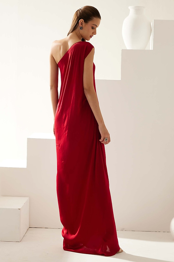 Maroon Satin One-Shoulder Maxi Summer Dress by Wear JaJa at Pernia's Pop Up Shop