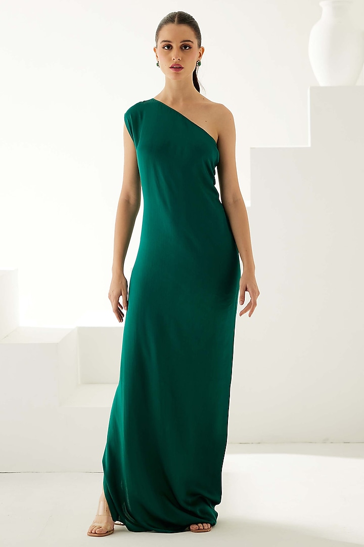 Green Satin One-Shoulder Maxi Dress by Wear JaJa at Pernia's Pop Up Shop