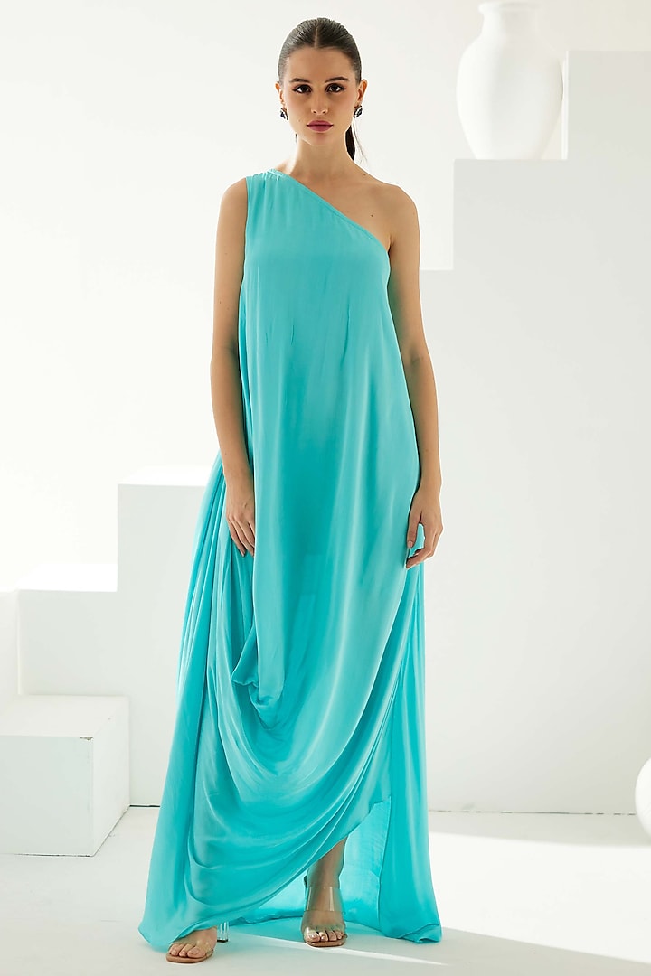 Turquoise Modal One-Shoulder Asymmetrical Maxi Dress by Wear JaJa at Pernia's Pop Up Shop