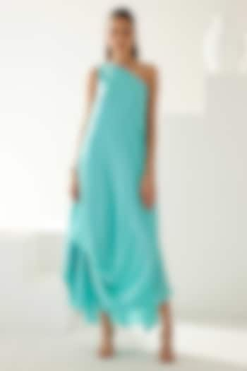 Turquoise Satin One-Shoulder Draped Maxi Dress by Wear JaJa at Pernia's Pop Up Shop