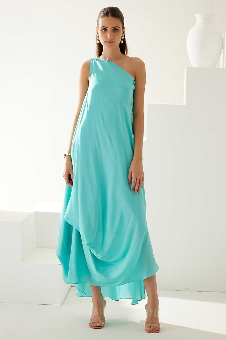 Turquoise Satin One-Shoulder Draped Maxi Dress by Wear JaJa at Pernia's Pop Up Shop