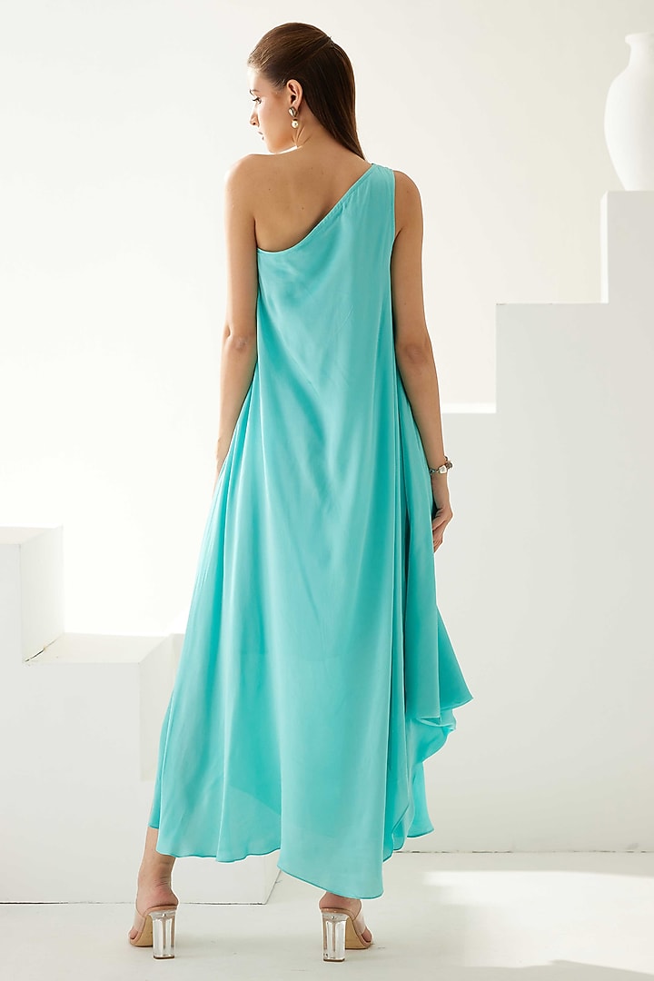 Turquoise Satin One-Shoulder Draped Maxi Summer Dress by Wear JaJa at Pernia's Pop Up Shop
