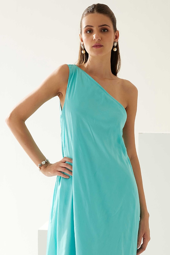 Turquoise Satin One-Shoulder Draped Maxi Summer Dress by Wear JaJa at Pernia's Pop Up Shop