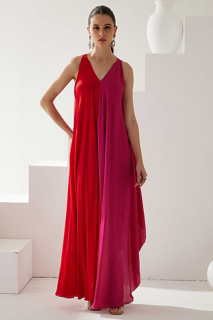 Red & Pink Modal Color-Blocked Maxi Dress by Wear JaJa at Pernia's Pop Up Shop