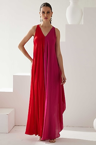 Red & Pink Modal Color-Blocked Maxi Dress by Wear JaJa