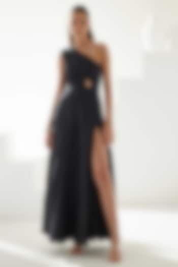 Black Satin One-Shoulder Maxi Dress by Wear JaJa at Pernia's Pop Up Shop