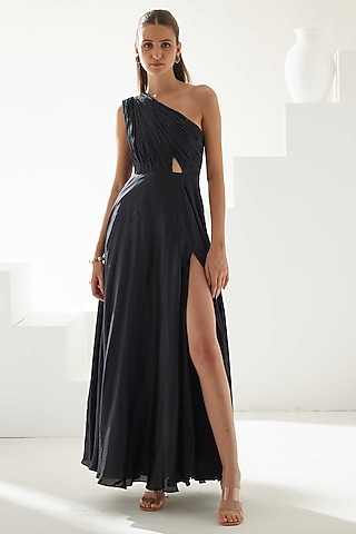 Black Satin One-Shoulder Maxi Dress by Wear JaJa