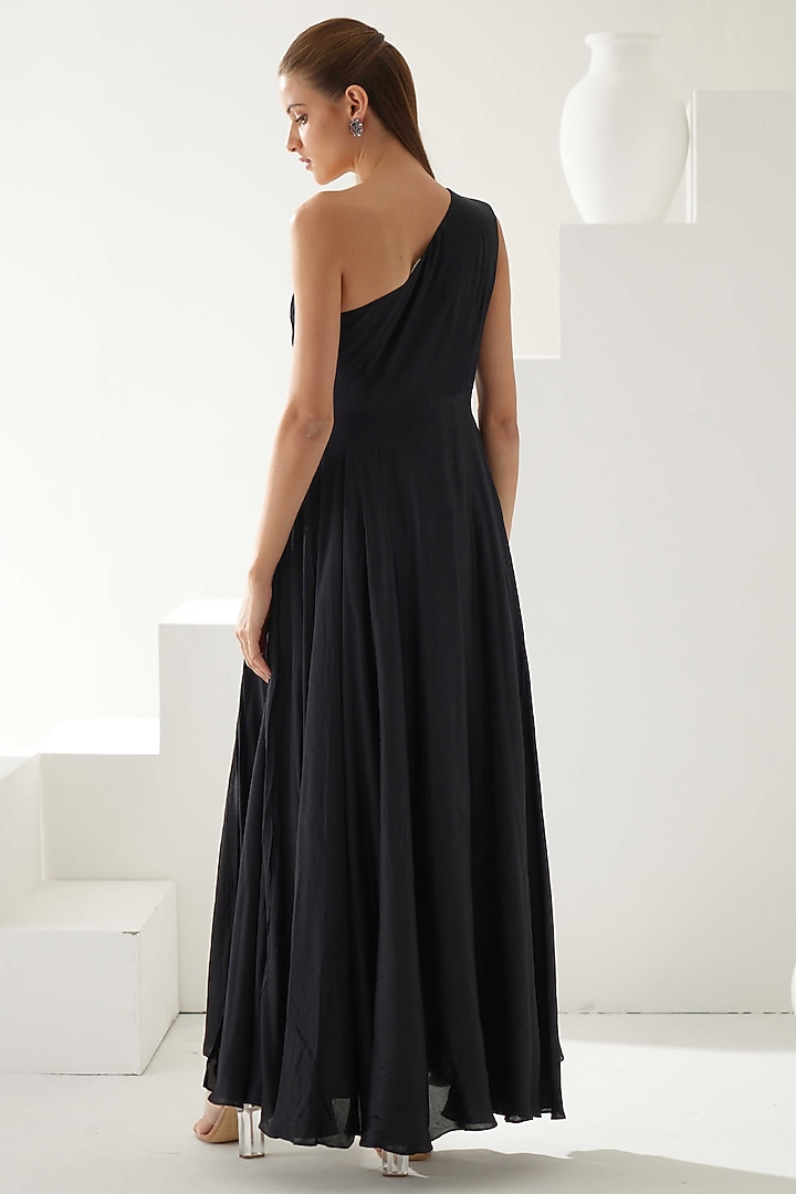 Black Satin One-Shoulder Maxi Vacation Dress by Wear JaJa at Pernia's Pop Up Shop