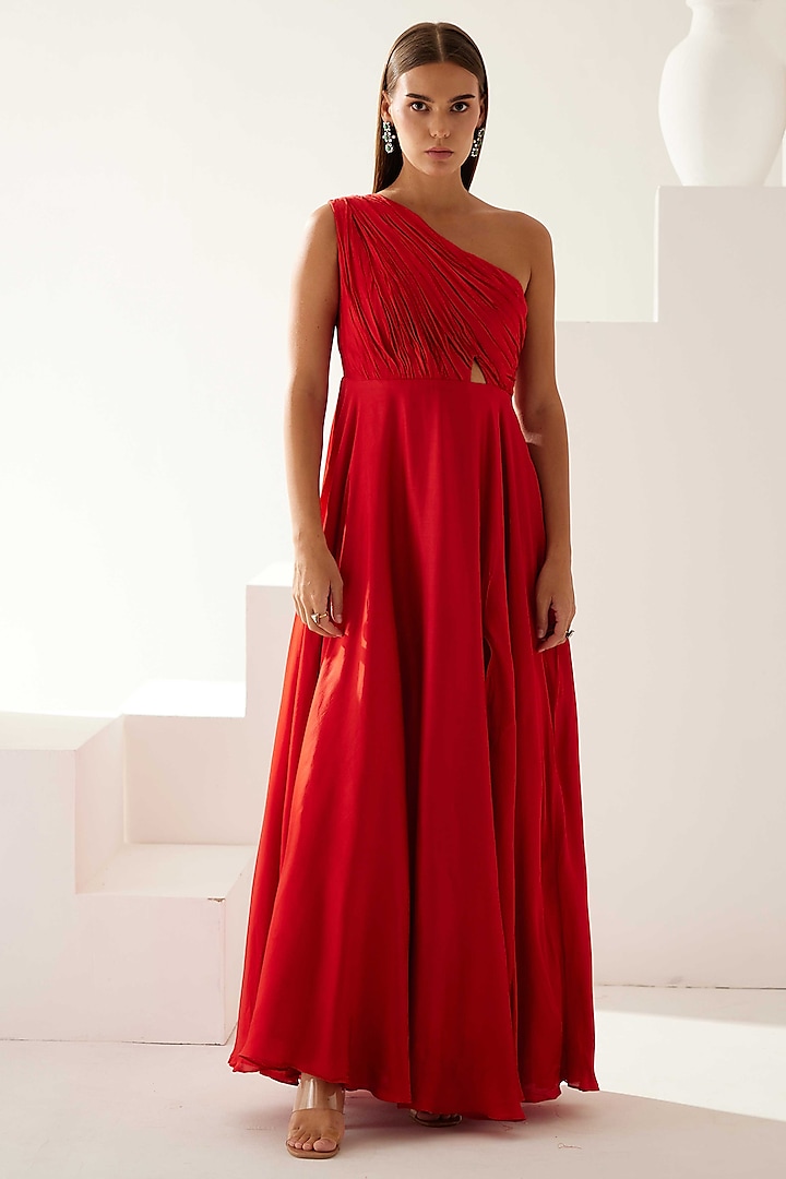 Red Satin One-Shoulder Maxi Dress by Wear JaJa at Pernia's Pop Up Shop