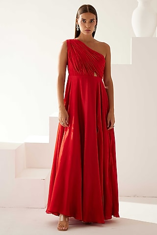 Red Satin One-Shoulder Maxi Dress by Wear JaJa