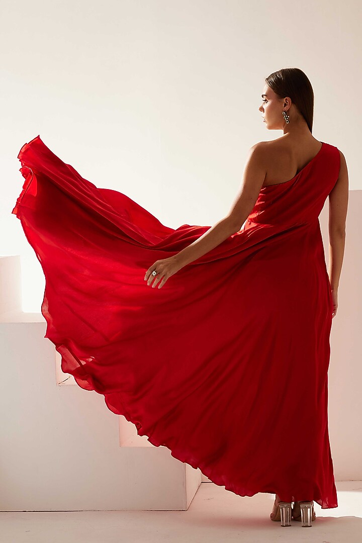 Red Satin One-Shoulder Maxi Vacation Dress by Wear JaJa at Pernia's Pop Up Shop