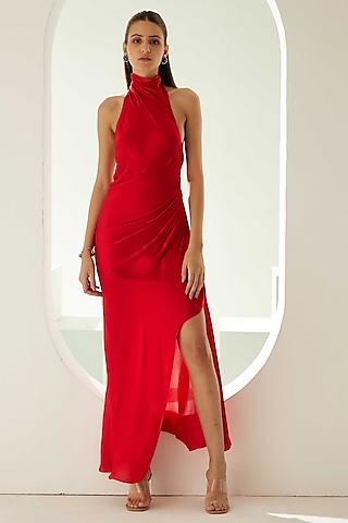 Red Modal Halter Maxi Dress by Wear JaJa