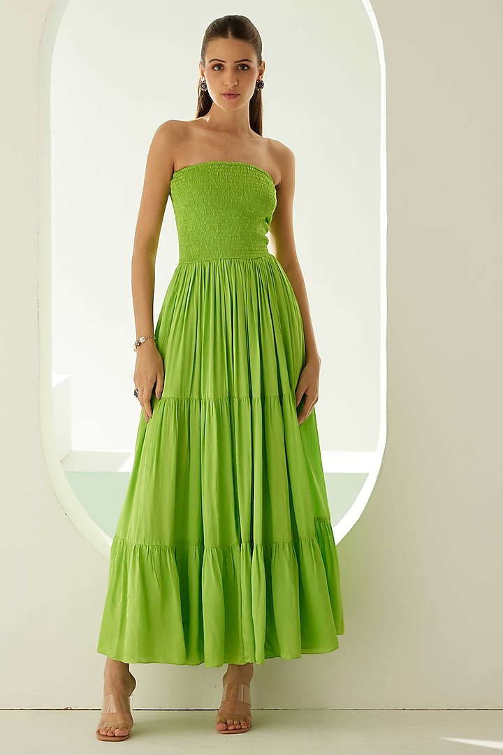 Lime Green Modal Off-Shoulder Tiered Maxi Dress by Wear JaJa at Pernia's Pop Up Shop