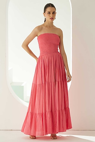 Peach Modal Off-Shoulder Tiered Maxi Dress by Wear JaJa