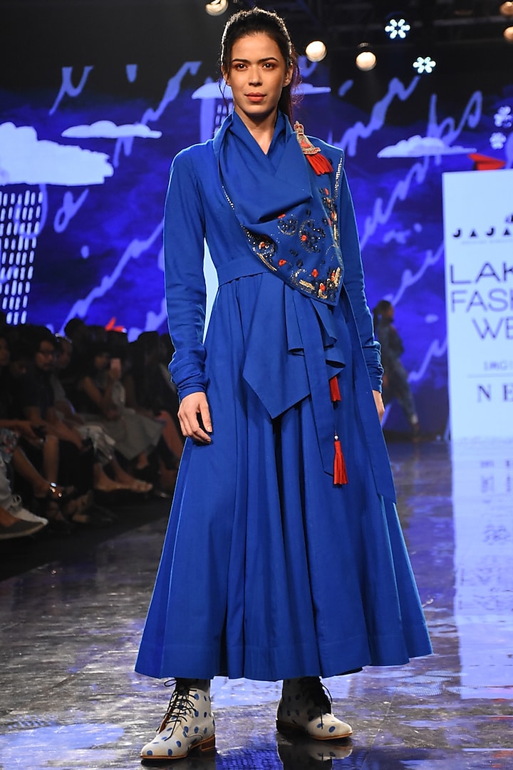 Cobalt Blue Embroidered Angrakha With Belt by Jajaabor