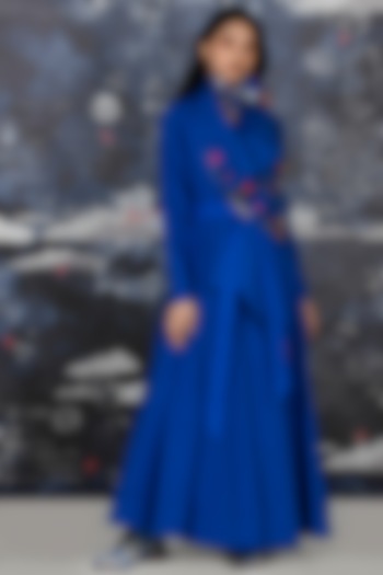 Cobalt Blue Embroidered Draped Angrakha With Belt by Jajaabor