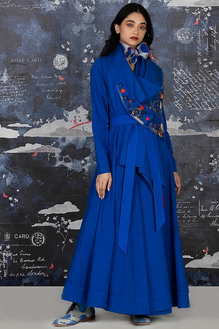 Cobalt Blue Embroidered Draped Angrakha With Belt by Jajaabor