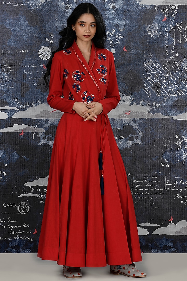 Red Embroidered Khadi Angrakha by Jajaabor
