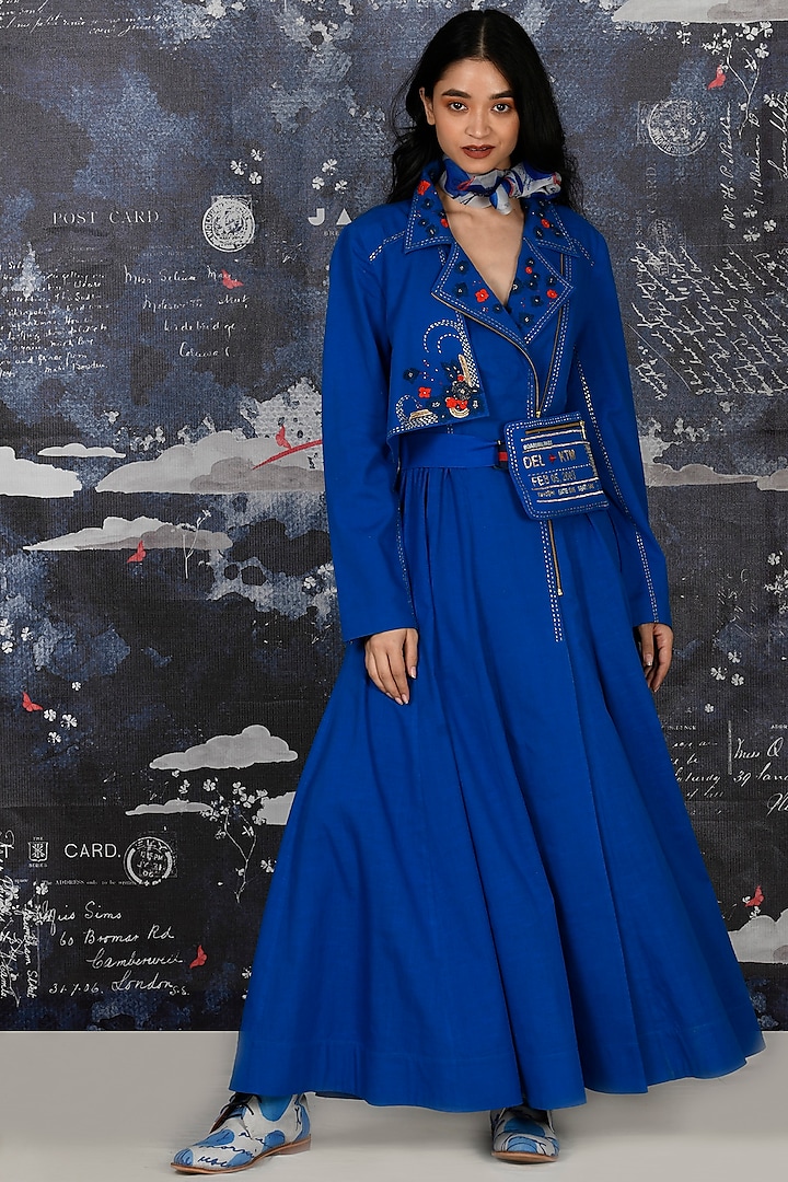 Cobalt Blue Embroidered Anarkali Set With Belt by Jajaabor