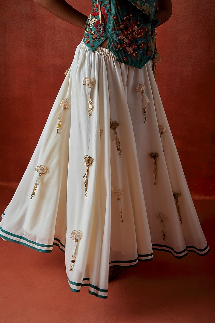 Ivory Chanderi 3D Floral Skirt Set by Jajaabor at Pernia's Pop Up Shop