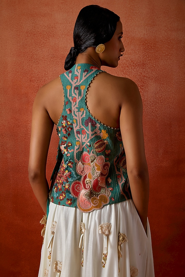 Ivory Chanderi 3D Floral Skirt Set by Jajaabor at Pernia's Pop Up Shop