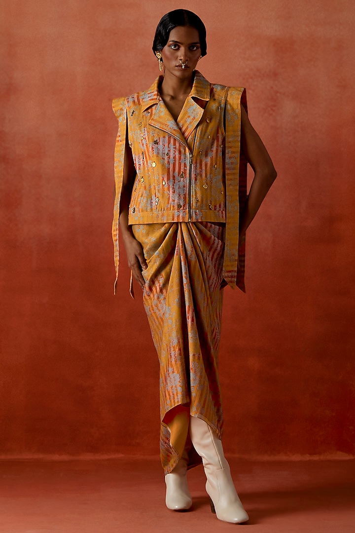 Yellow Denim Striped Jacket Set by Jajaabor at Pernia's Pop Up Shop