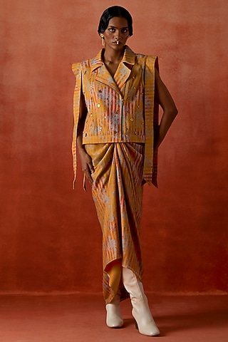 Yellow Denim Striped Jacket Set by Jajaabor