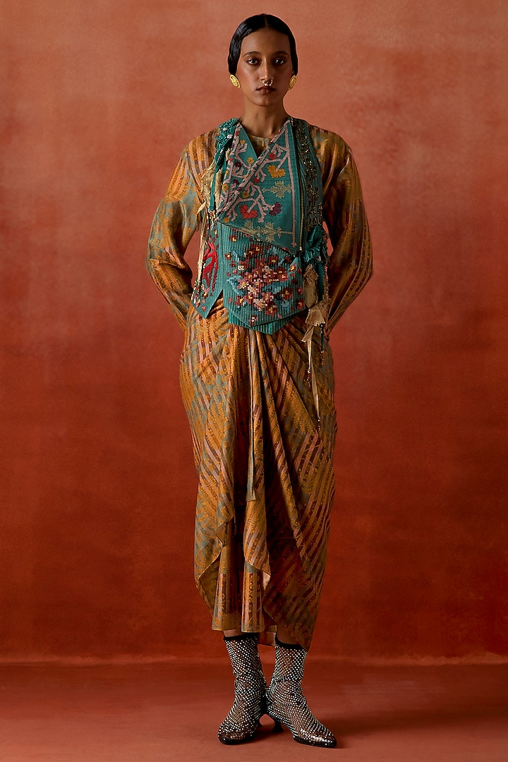 Yellow Silk Chanderi Printed Pull-Up Party Wear Dress With Jacket by Jajaabor at Pernia's Pop Up Shop