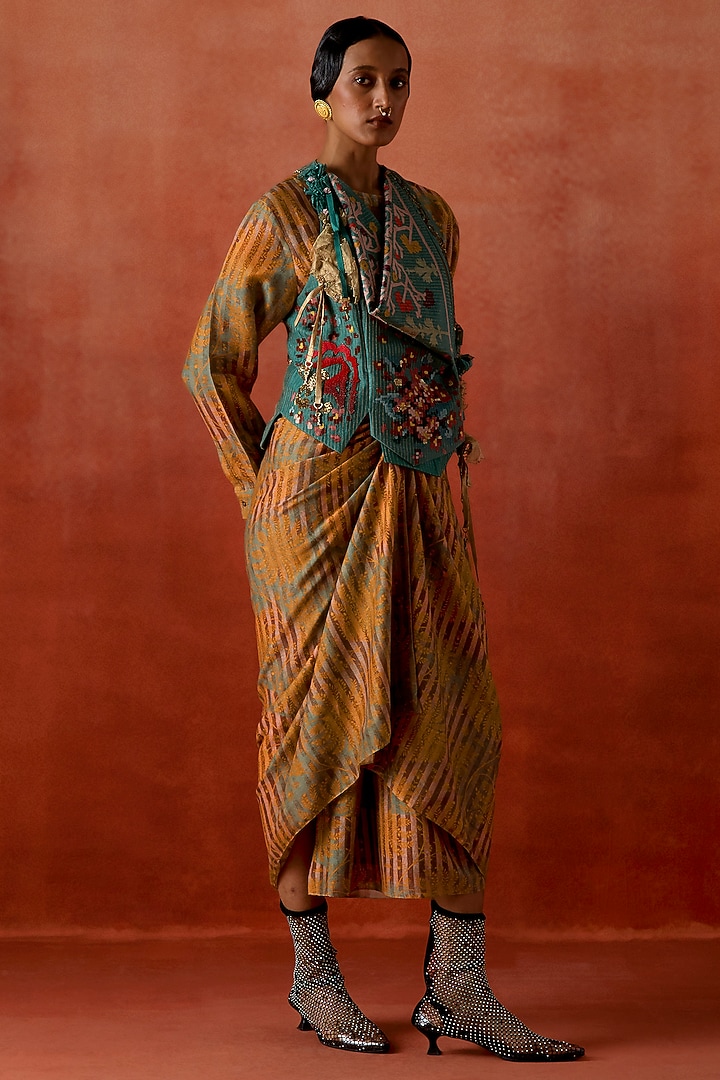 Yellow Silk Chanderi Printed Pull-Up Party Wear Dress With Jacket by Jajaabor at Pernia's Pop Up Shop