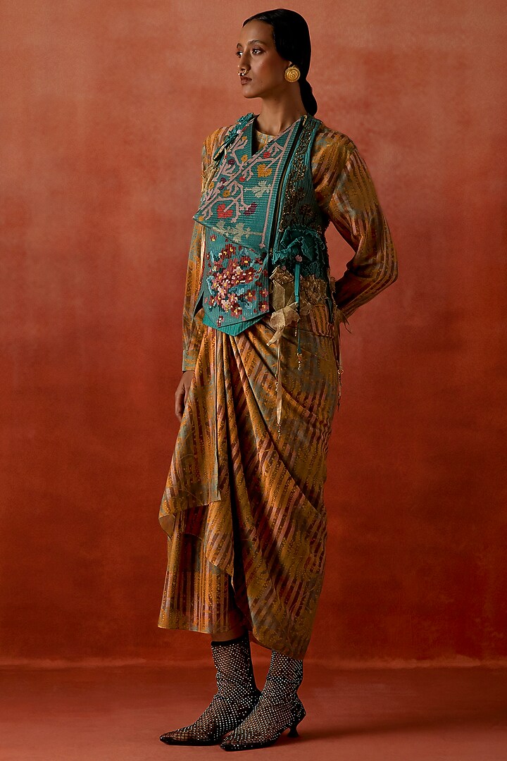 Yellow Silk Chanderi Printed Pull-Up Party Wear Dress With Jacket by Jajaabor at Pernia's Pop Up Shop