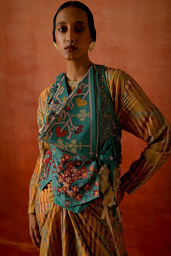 Yellow Silk Chanderi Printed Pull-Up Party Wear Dress With Jacket by Jajaabor at Pernia's Pop Up Shop