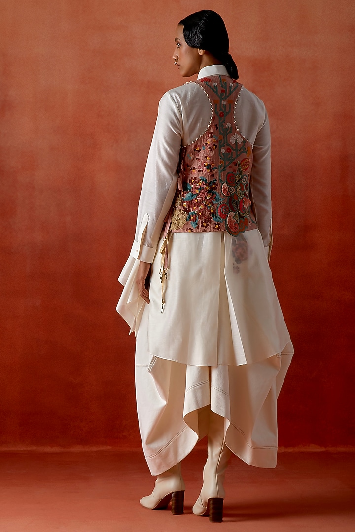 Old Rose & Teal Silk Chanderi Embroidered Jacket Set by Jajaabor at Pernia's Pop Up Shop