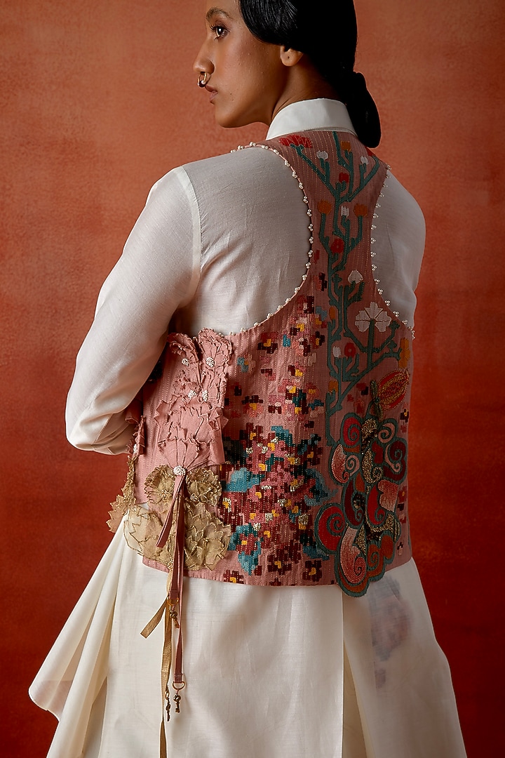 Old Rose & Teal Silk Chanderi Embroidered Jacket Set by Jajaabor at Pernia's Pop Up Shop