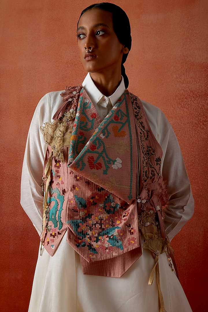 Old Rose & Teal Silk Chanderi Embroidered Jacket Set by Jajaabor at Pernia's Pop Up Shop
