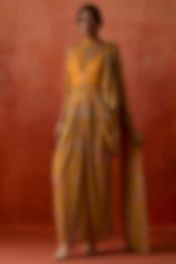 Yellow Jersey Draped Wedding Saree Set by Jajaabor at Pernia's Pop Up Shop