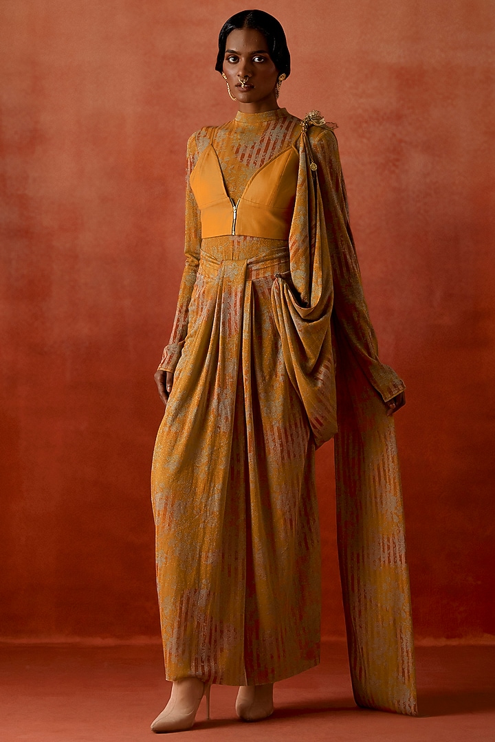 Yellow Jersey Draped Wedding Saree Set by Jajaabor at Pernia's Pop Up Shop