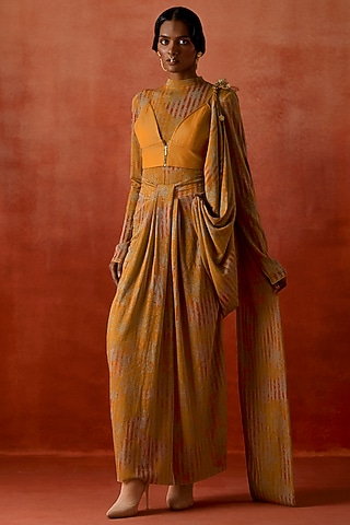 Yellow Jersey Draped Saree Set by Jajaabor