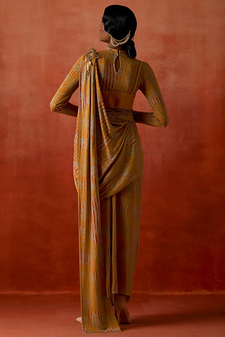 Yellow Jersey Draped Wedding Saree Set by Jajaabor at Pernia's Pop Up Shop