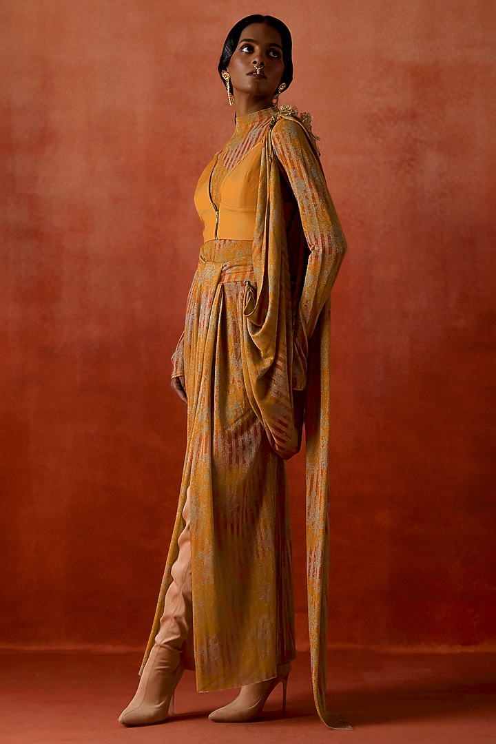 Yellow Jersey Draped Wedding Saree Set by Jajaabor at Pernia's Pop Up Shop
