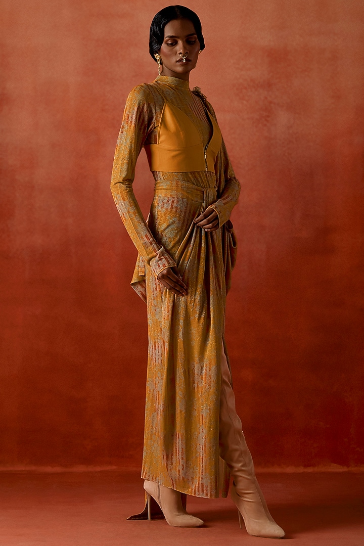 Yellow Jersey Draped Wedding Saree Set by Jajaabor at Pernia's Pop Up Shop