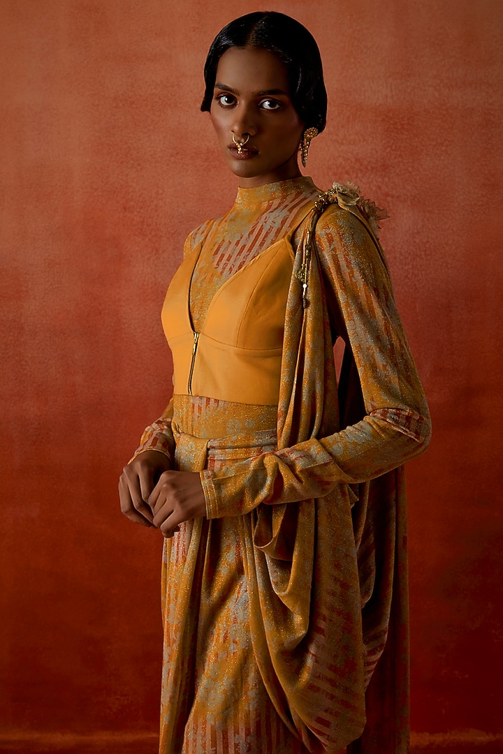 Yellow Jersey Draped Wedding Saree Set by Jajaabor at Pernia's Pop Up Shop