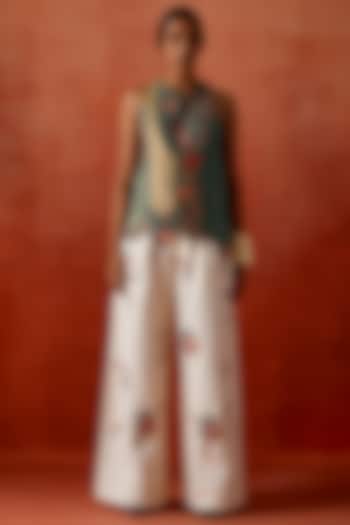 Teal Silk Chanderi Embroidered Angrakha Jacket Set by Jajaabor at Pernia's Pop Up Shop