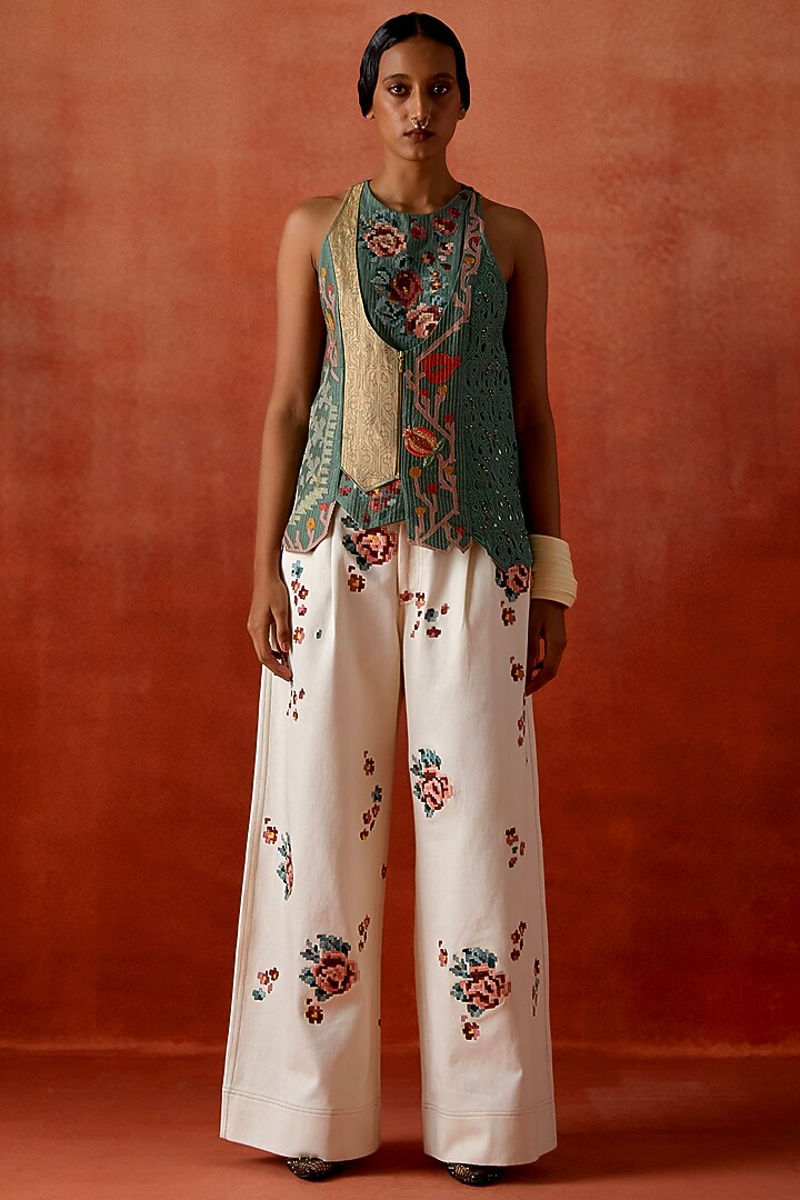 Teal Silk Chanderi Embroidered Angrakha Jacket Set by Jajaabor at Pernia's Pop Up Shop