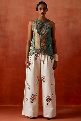 Teal Silk Chanderi Embroidered Angrakha Jacket Set by Jajaabor