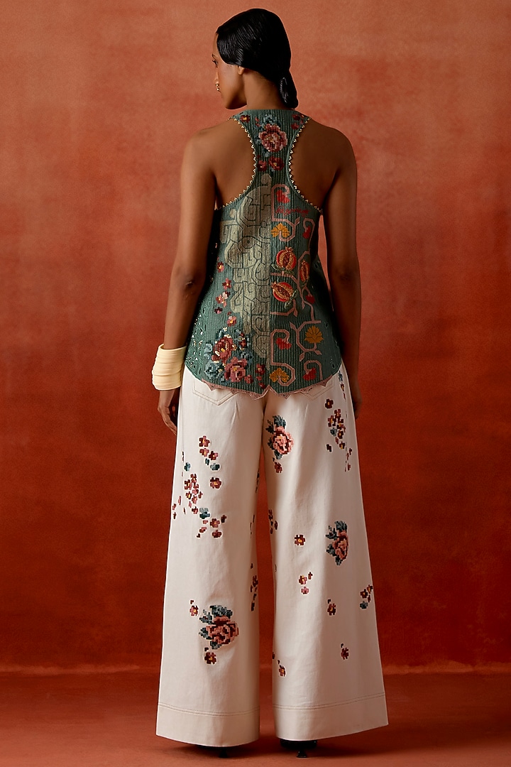 Teal Silk Chanderi Embroidered Angrakha Jacket Set by Jajaabor at Pernia's Pop Up Shop