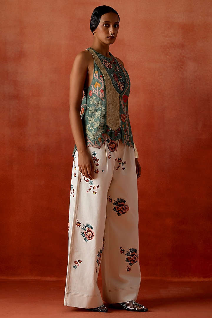 Teal Silk Chanderi Embroidered Angrakha Jacket Set by Jajaabor at Pernia's Pop Up Shop